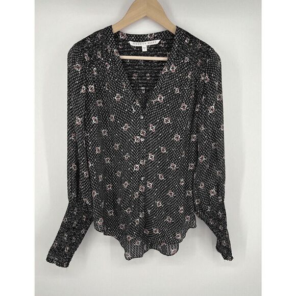 Veronica Beard Tops - Veronica Beard Maree Size 6 Black Floral Silk Blouse Smocked Bishop Sleeve